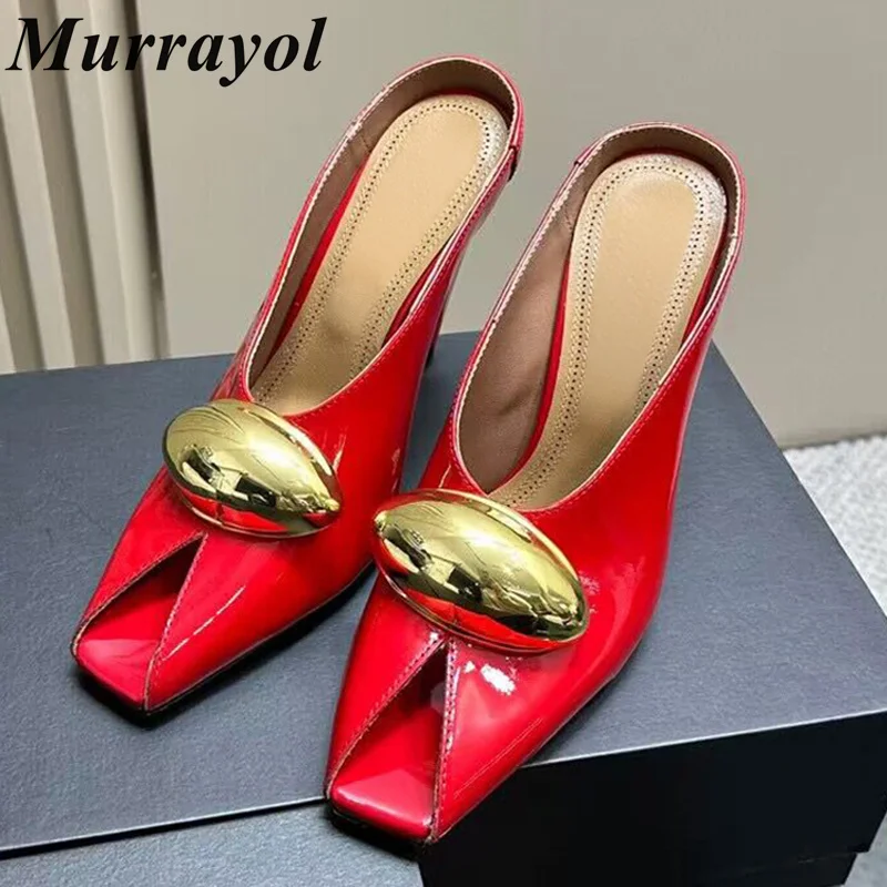 

Peep Toe Solid Color Metal Decor Mules Women's Genuine Leather High-heel Slippers Summer Vacation Shoes Sexy Pumps Dress Shoes