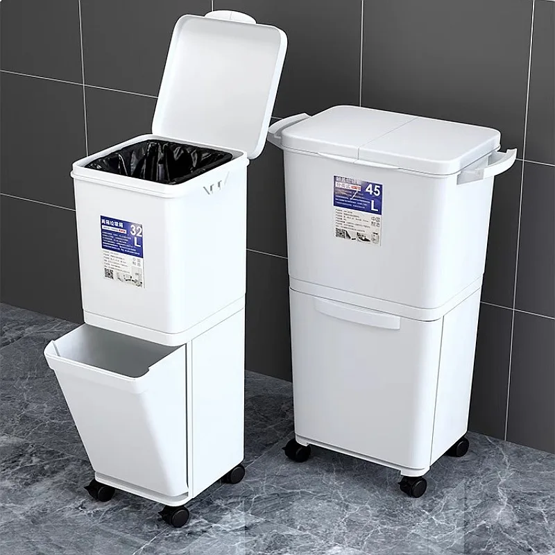 Dual Layer Trash Can Large Capacity Dry Wet Separation Push Button Kitchen Waste Bin