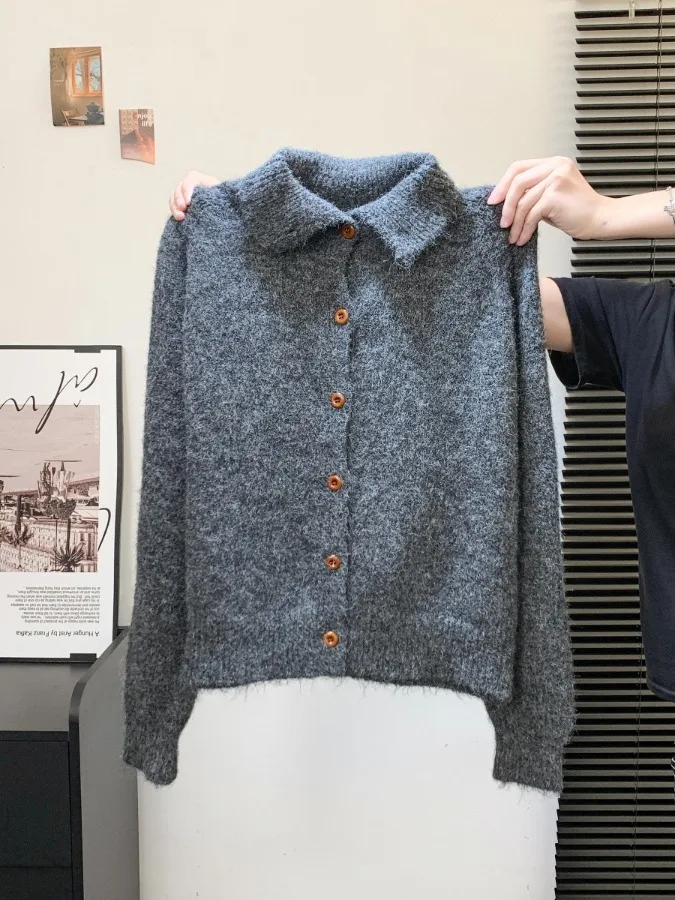 Faionable Simple Versatile High-End Loose Comfortable Knitted Sweater Coat Women Autumn Winter Lazy Tawny Open Cardigan #4