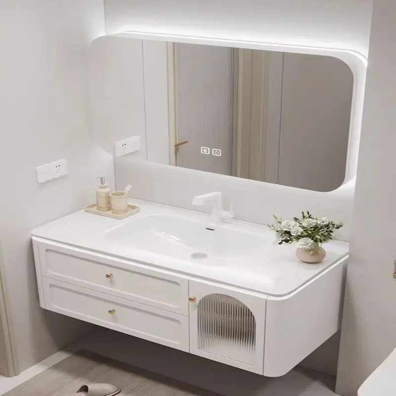 

Комбинированный шкаф для ванной комнаты Cream Wind с керамической встроенной раковиной и боковым столом для мытья