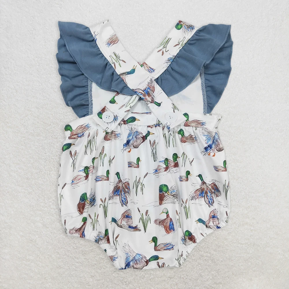 Baby Girls Summer Romper with Duck Straps Ruffle And Flutter Sleeves Cute Duck Design Infant Girls' Summer Clothing