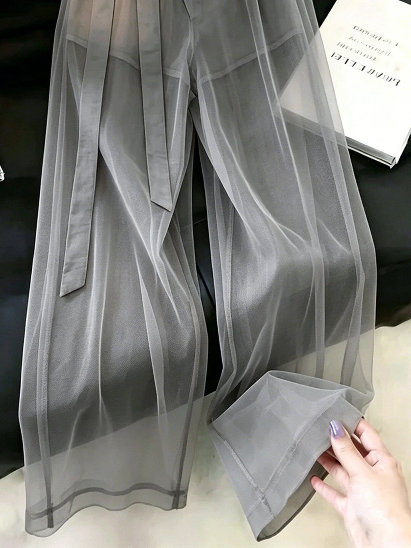 Grey Lace Waist Wide Leg Pants Women's Loose High Waist Slimming Fashion Casual Long Trousers Net Gauze Belted Straight Leg