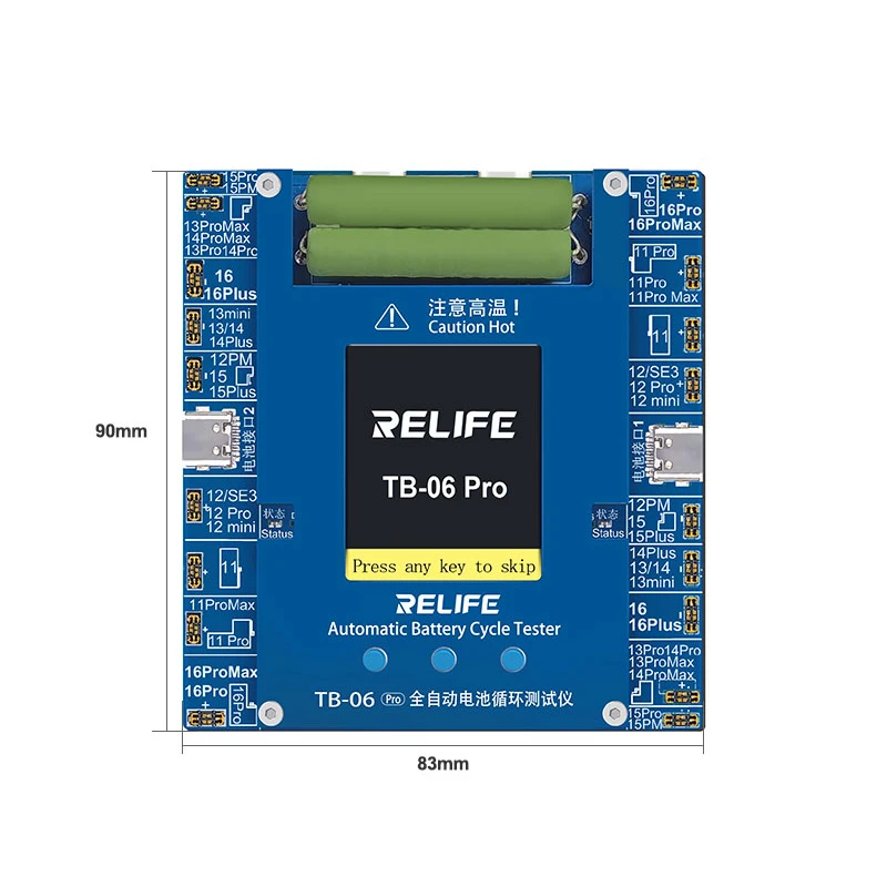 RELIFE TB-06 Pro جهاز اختبار دورة البطارية الأوتوماتيكي بالكامل يدعم IP 16 PM 15 14 13 12 11Pro Max ثنائي القناة إصلاح بنقرة واحدة