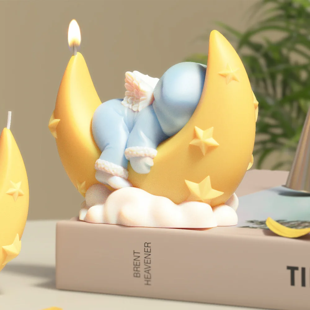 ثلاثية الأبعاد الملاك ينام على القمر شمعة قوالب DIY بها بنفسك الروائح الكرتون طفل القمر السفينة الجبس الجص قالب الاسمنت الحرفية الراتنج قالب الصابون