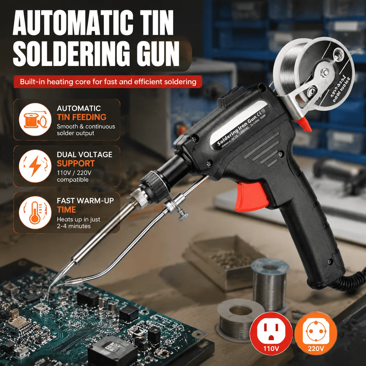 Automatic Soldering Gun 60W Handheld Soldering Iron with Internal Heating Welding Tool Kit Dual Voltage 110V 240V Smart Wire Feed Solder Station Iron Stand for Electronic Circuit Board PCB Repair Great for DIY Electronics Repair and PCB Assembly Projects