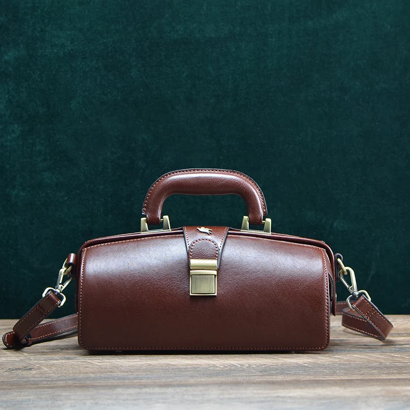 Women's Genuine Leather Handbag New High Quality Cowhide Luxury Designer Crossbody Bags Exquisite Vintage Handmade Doctor Bag