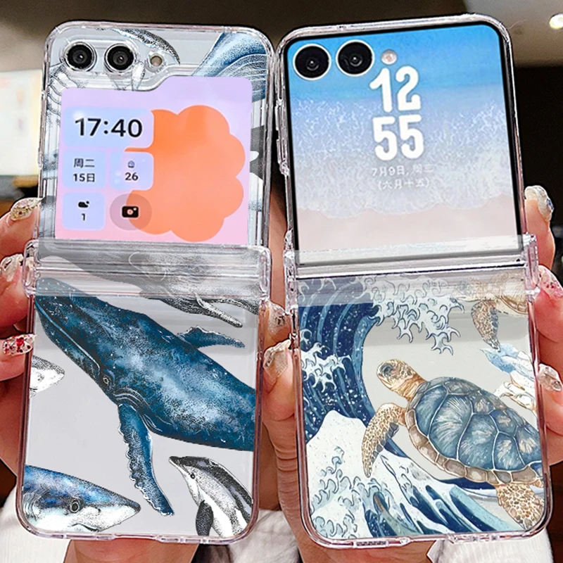 Surfing Turtle Pattern Phone Case For Samsung Galaxy Z Flip 7 6 5 4 3 5G Flip7 Flip5 Flip6 Shockproof Clear Folding Hard Cover