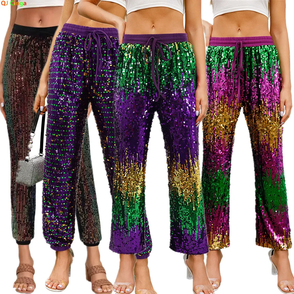 

Блестящие женские брюки с пайетками — фиолетовый и зеленый градиентный дизайн, эластичная талия, одежда для фестиваля/вечеринки, повседневные брюки свободного покроя