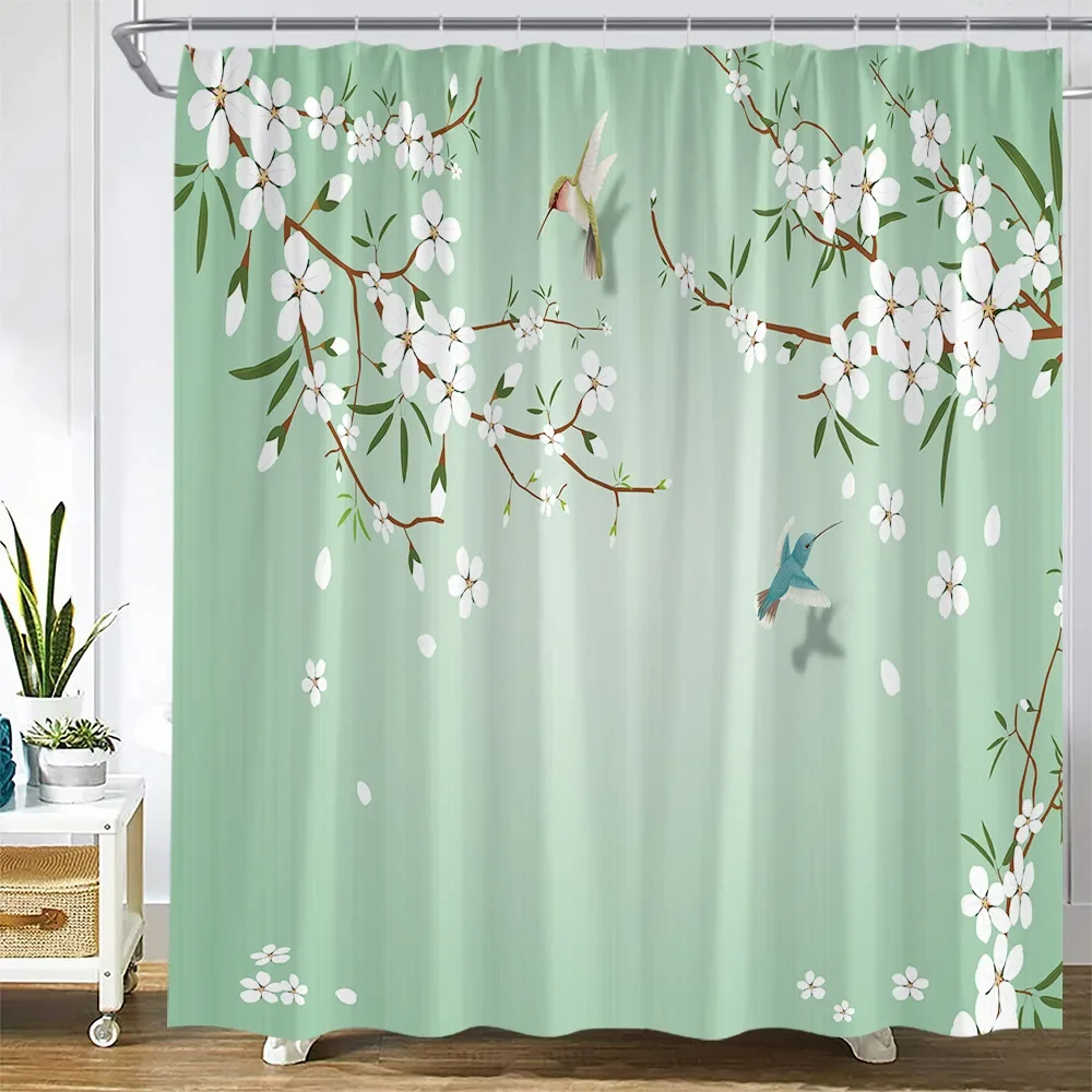 Flowers Bird Shower Curtains Floral Plant Vintage Chinese Style Bath Curtain Set Polyester Fabric Bathroom Decoration with Hooks