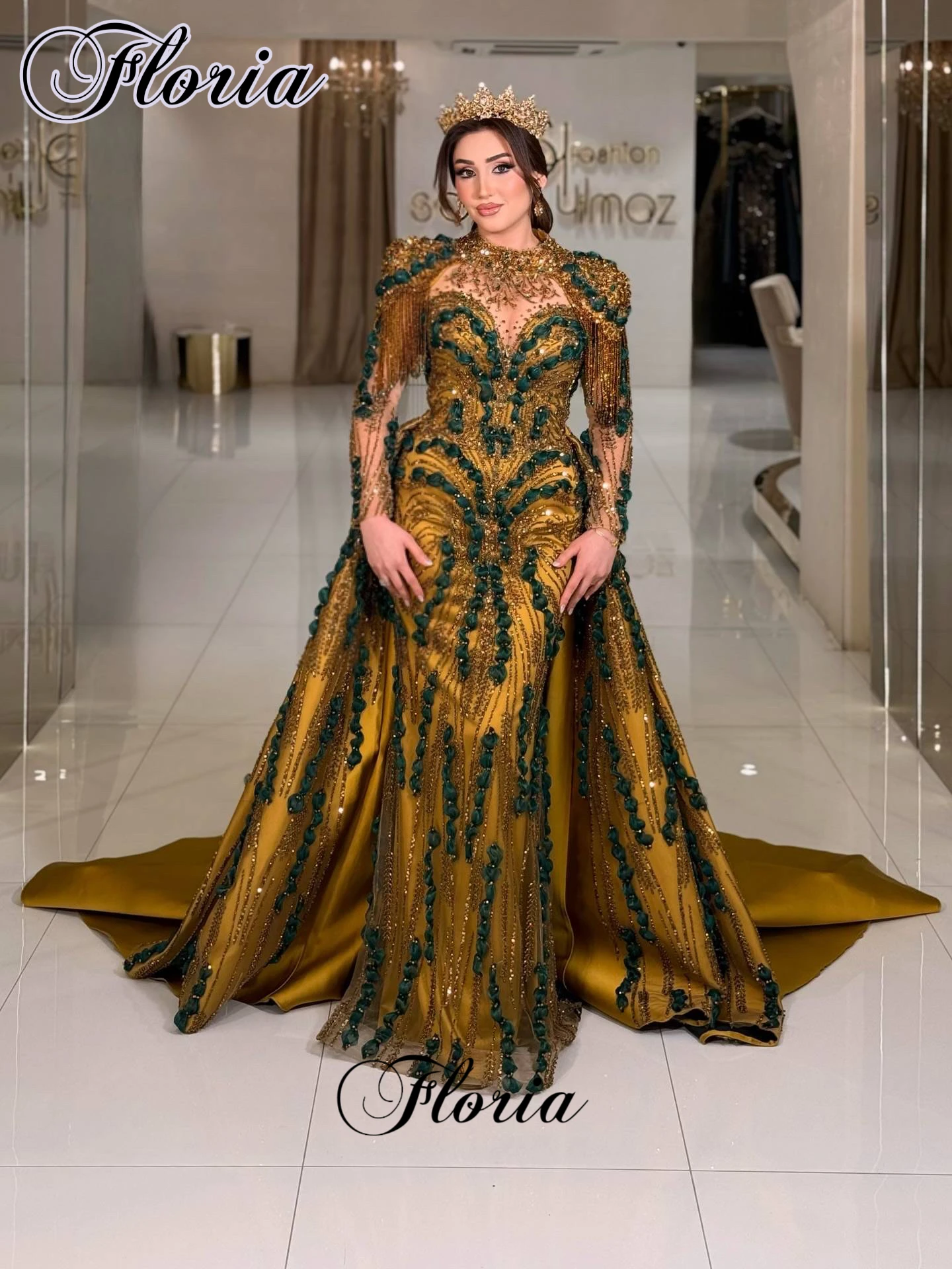 Zweiteiliges goldenes Abendkleid, elegant, mit langen Ärmeln, Perlen verziert, Kleider für Preisverleihungen, Promi-Kleid, Vestidos De Fiesta, maßgeschneidert