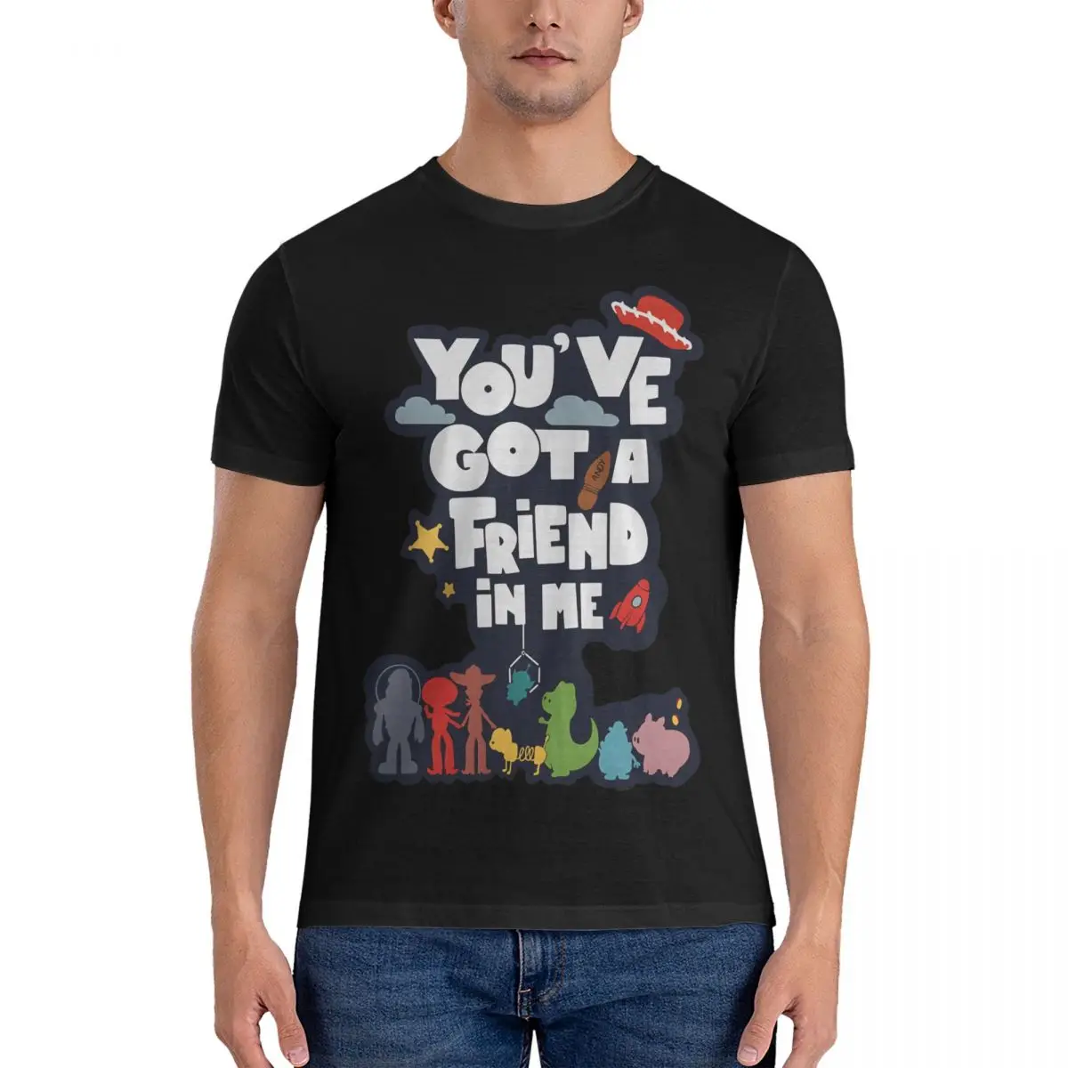 You've Got A Friend In Me Sticker T Shirts for Men Pure Cotton Vintage T-Shirt O Neck Disney Toy Story Tees Short Sleeve Clothes