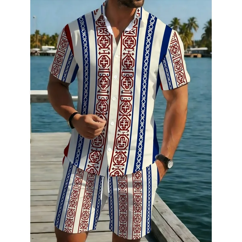 Conjunto de pantalones y camisa de manga corta transpirable para hombre, patrón geométrico rojo y azul, tela de poliéster suave para playa, vacaciones, ocio al aire libre