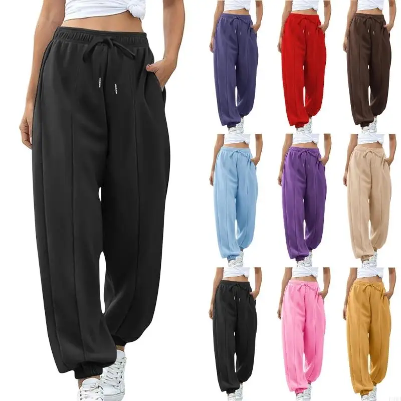 Damskie lekkie, luźne spodnie dresowe z wysokim stanem i kieszeniami F3MD