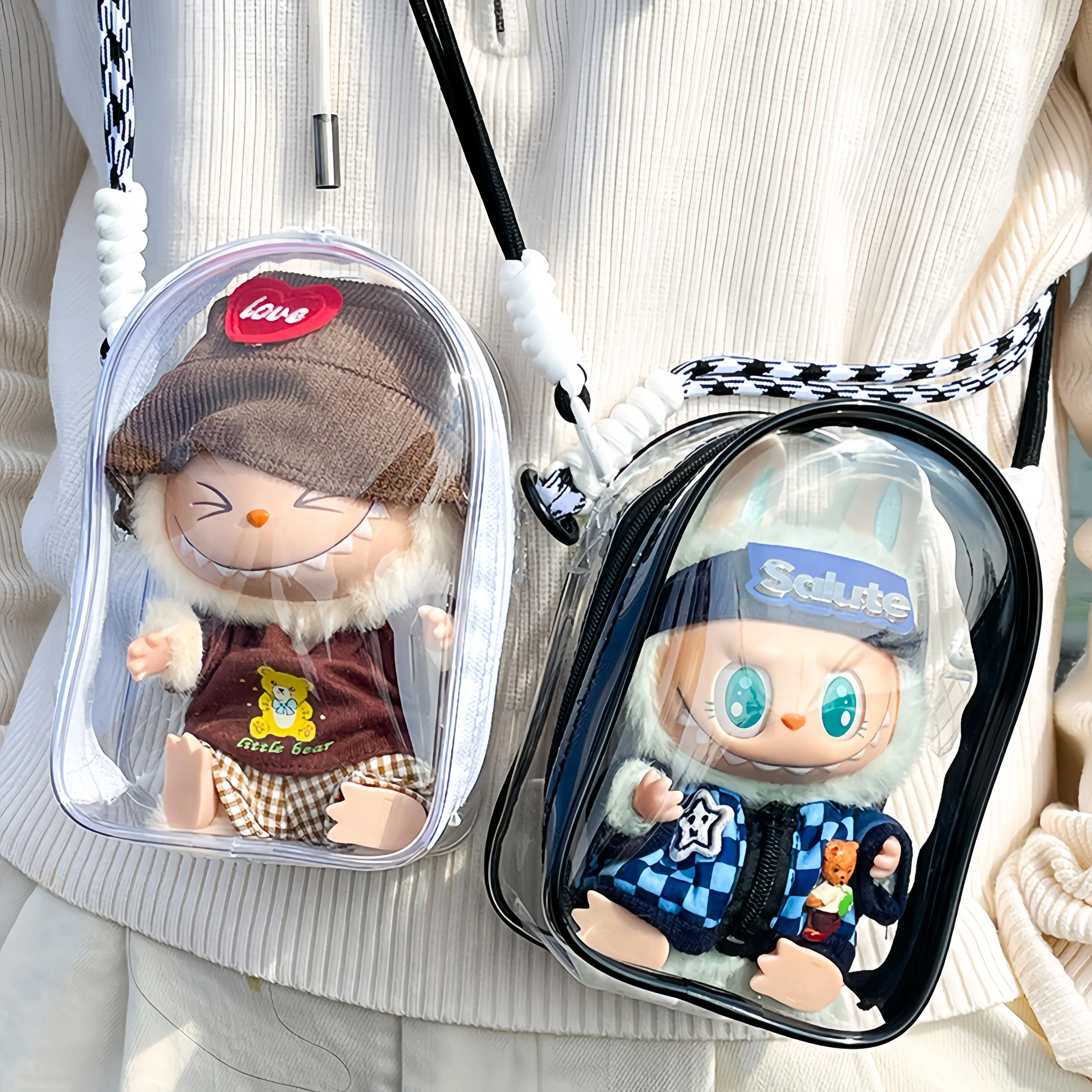 

7inch/19cm Clear Display Case Cover For Labubu(NO DOLL) Protective Carrying Bag Crossbody Doll Storage Hanging Bag For Figures