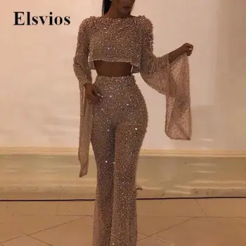 Elegante Flare Mouw Vrouwen Club Party Romper Mode O Hals Slim Fit Overalls Sexy Uitgesneden Taille Backless Glanzende Pailletten Jumpsuits