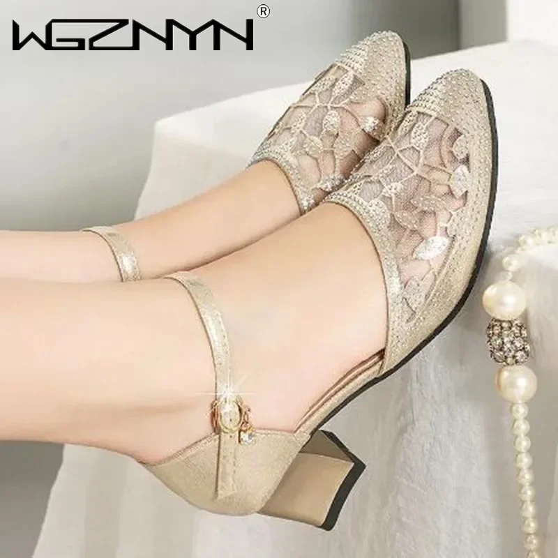 النساء مغلق تو الصنادل المرأة شقة منتصف كعب المرأة صندل بكعب مكتنز حقيقية بولي أحذية أحذية من الجلد شبكة مجوفة لينة أسفل أمي الأحذية