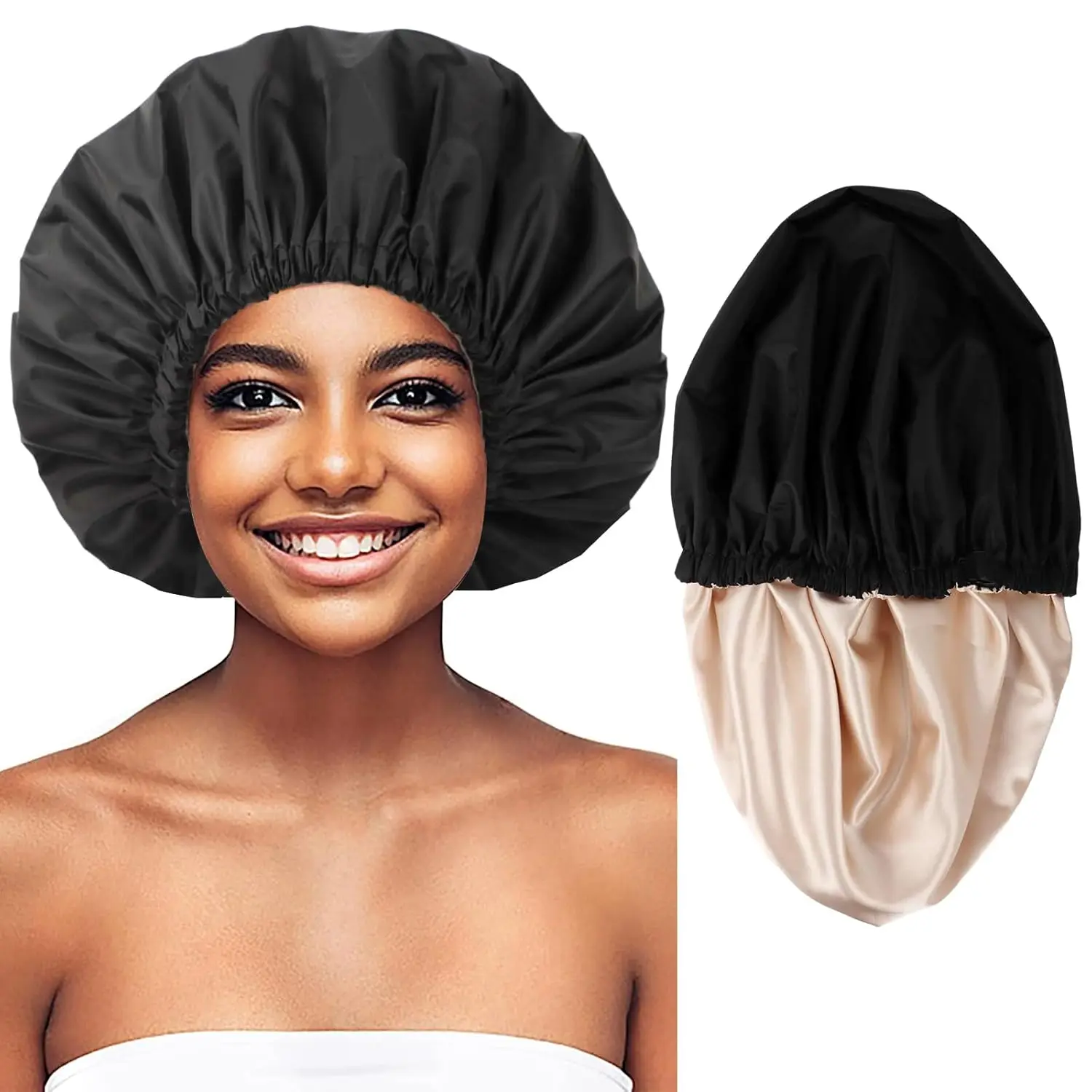 

Adjustable Shower Caps for Women Reusable Waterproof Satin Lining Large Shower Cap for Women and Men Long Hair Braids Curly Hair