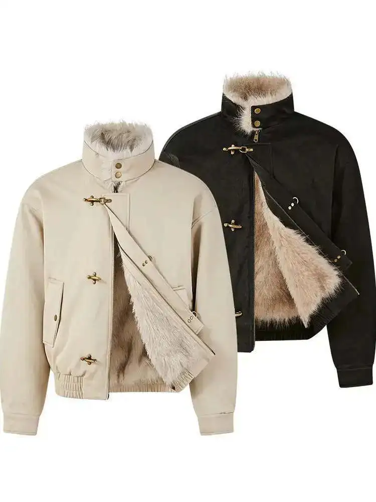 

Men's Winter Jaet Thiened Fce Lined PU Leather ort Sle Zipper Closure Street Sle Loose Fit Cotton Jaet Coat