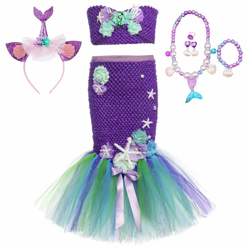 

Girls Fishtail Mermaid Tutu Skirt Outfits Tops+Tulle Skirt Kids Birthday Clothes Long Little Mermaid Princess Tutu Costume Set