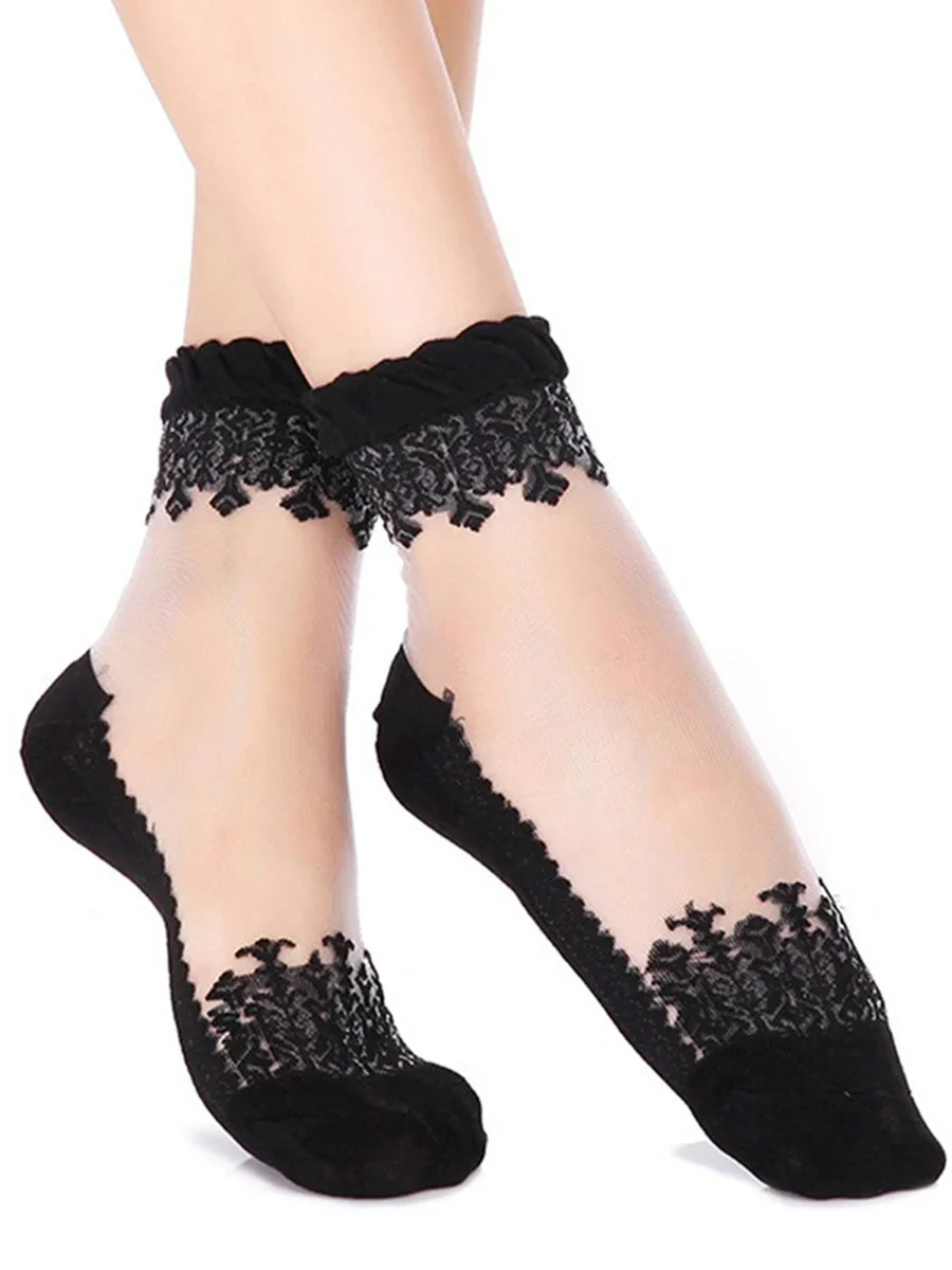 

1Pairs/6Pairs Summer Sweet Transparent Sock Breathable Elastic Female Socks Crystal Glass Silk Ultra Thin Lace Short Girls Socks