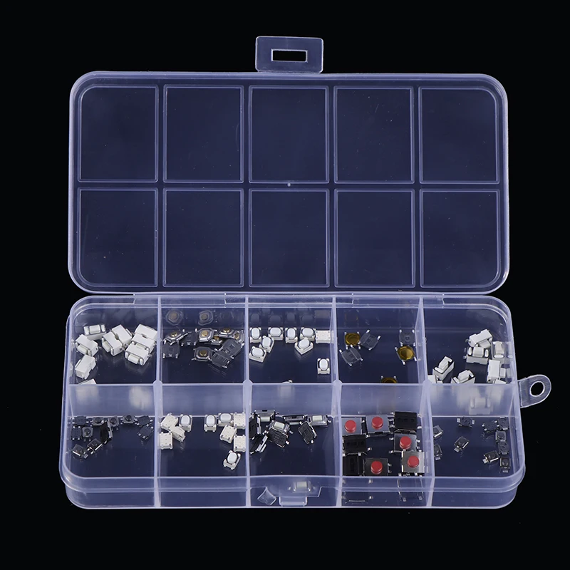 100Pcs 10 Models 6x6mm Momentary Tactile Tact Mini Switch Mixed Kit Box 6*6*4.3/5/6/6.5/7/8/9/10/11/12mm Right Angle With Stent