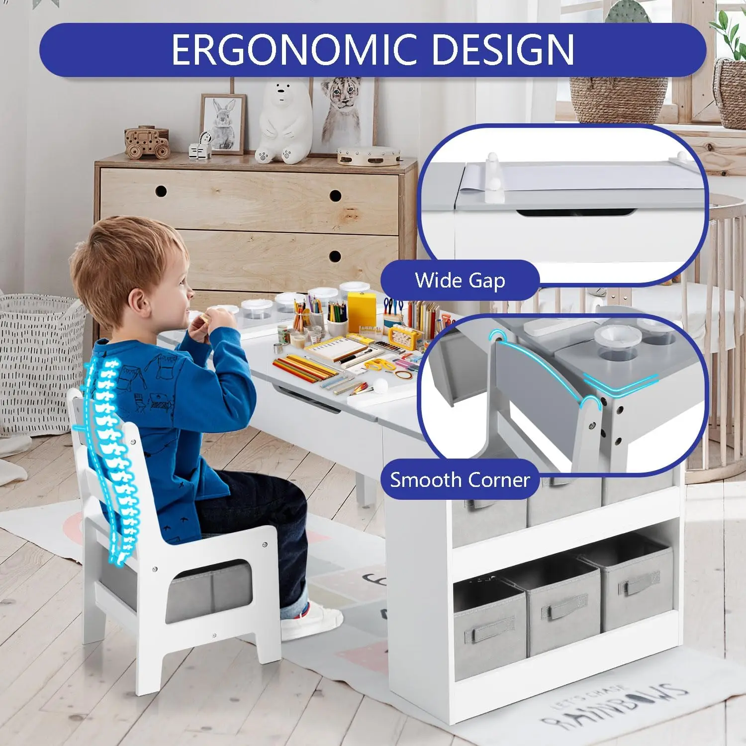 Juego de mesa y silla con caballete de arte para niños 3 en 1, mesa de actividades para niños de madera, 6 contenedores de almacenamiento, rollo de papel, vasos de pintura