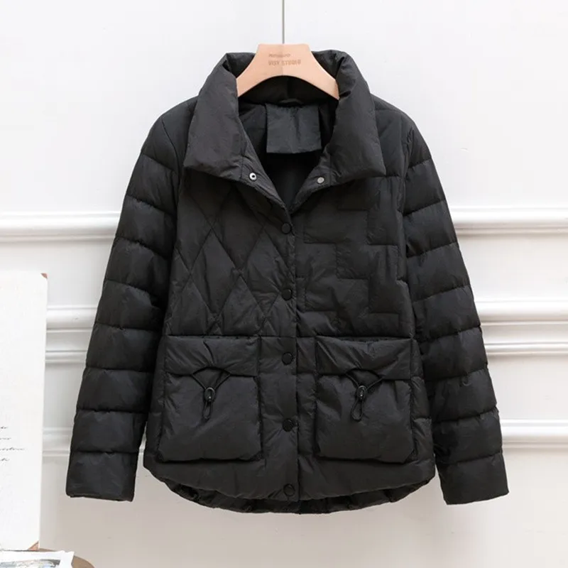 

Женский пуховик для отдыха 2022, модная верхняя одежда с воротником-стойкой и белым утиным пухом, зимнее новое универсальное однотонное теплое пальто