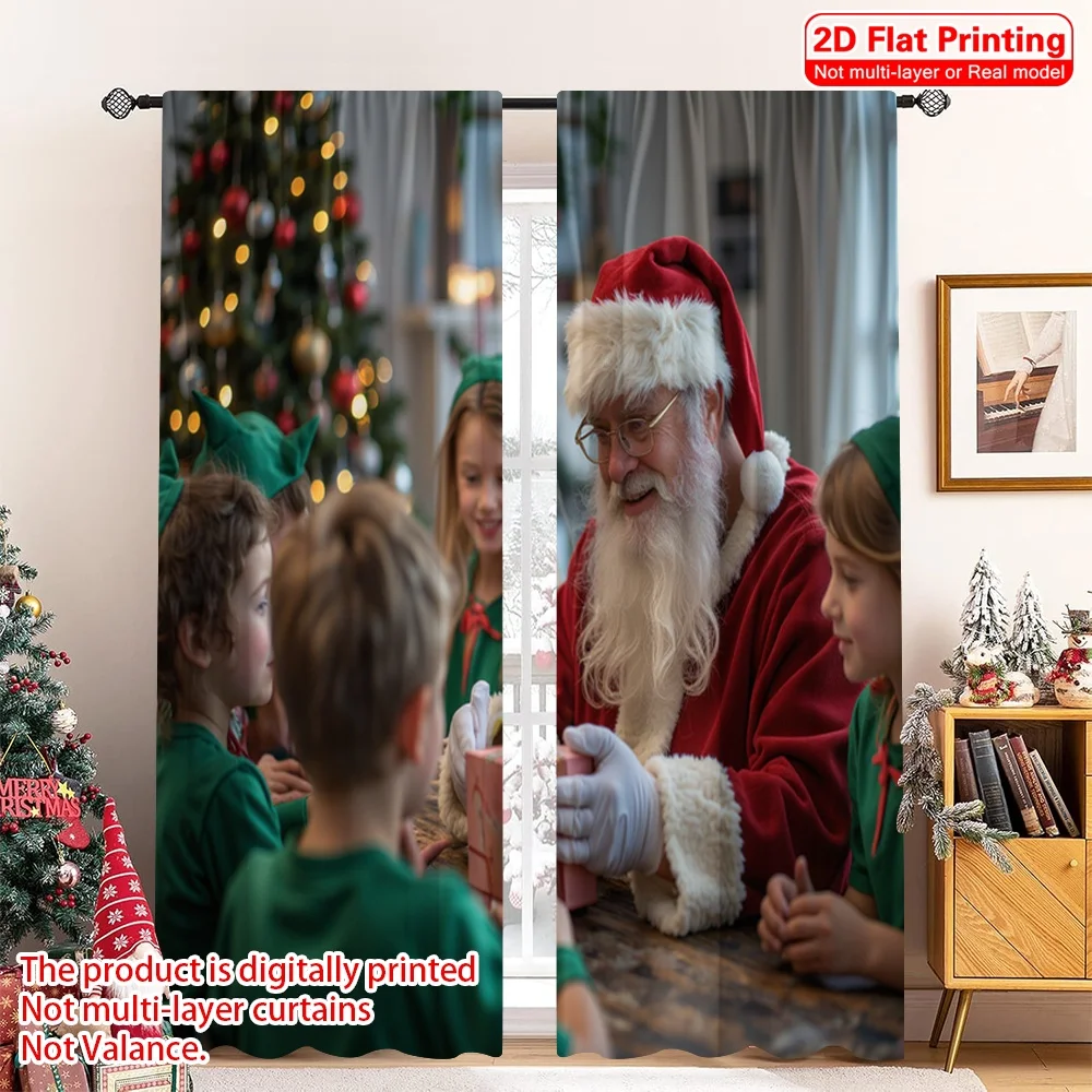 

2pcs 2D flat printing Merry Christmas Curtains Santa Workshop Festive Christmas Toys 100% Polyester Fabric Without Electricity