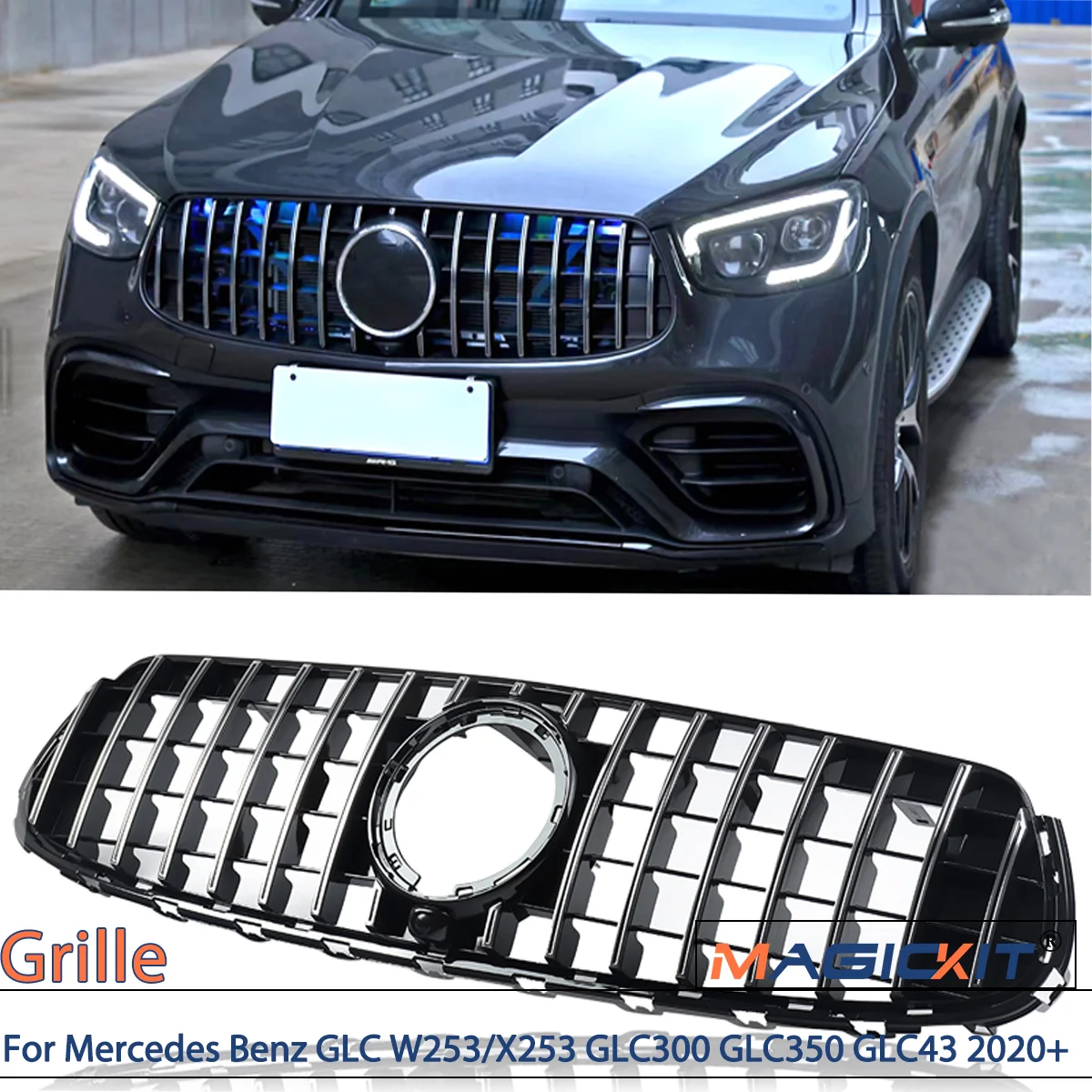 

Car Accessories Chrome+Black For Mercedes Benz GLC W253/X253 GLC300 GLC350 GLC43 2020+ GTR Style Front Grill Grille