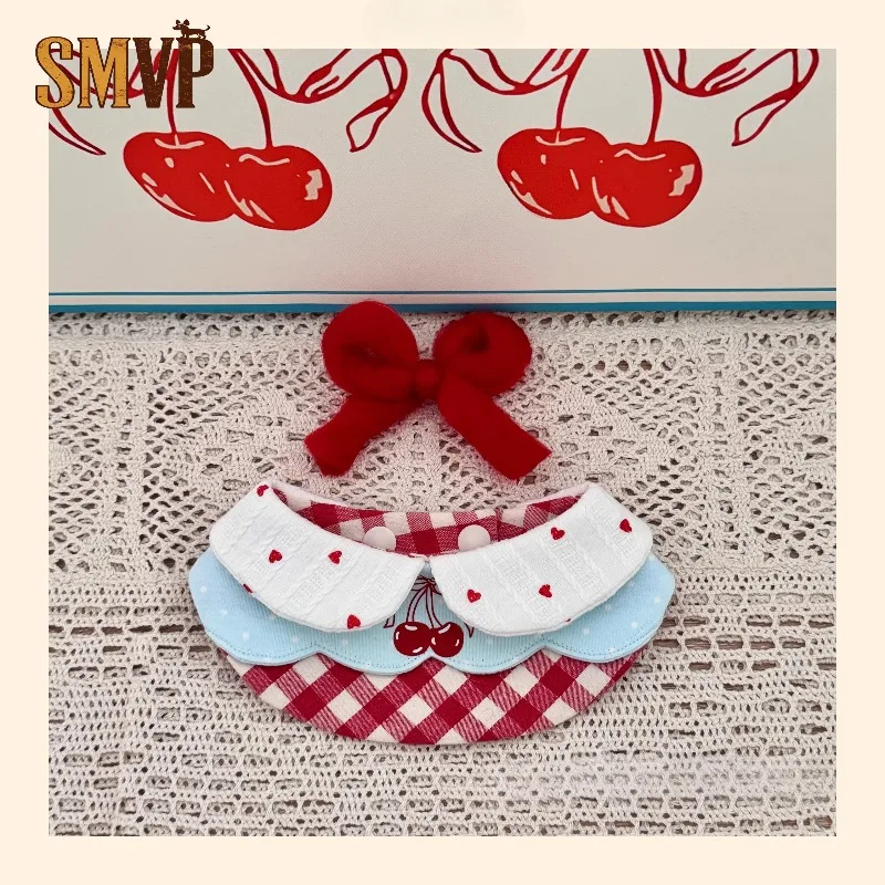 

Original Design Doll Collar Blue Red Cherry Cake Splicing Lace Edge Sweet Cute Pet Kitten Puppy Decorative Bib