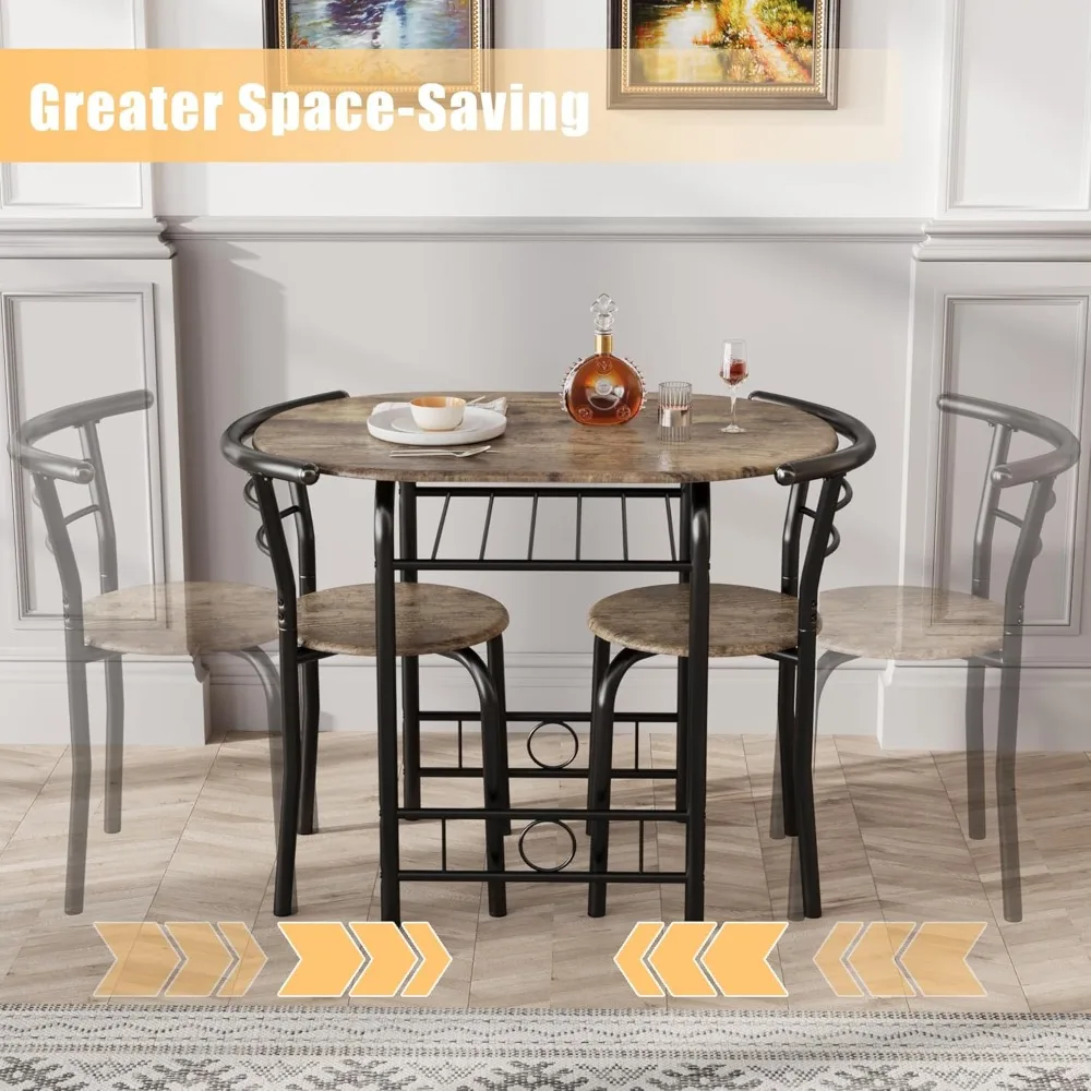 3-Piece Wooden Round Table & Chair Set, Space Saving Kitchen Breakfast Nook Wood Grain Tabletop with Metal Frame and Built-in St