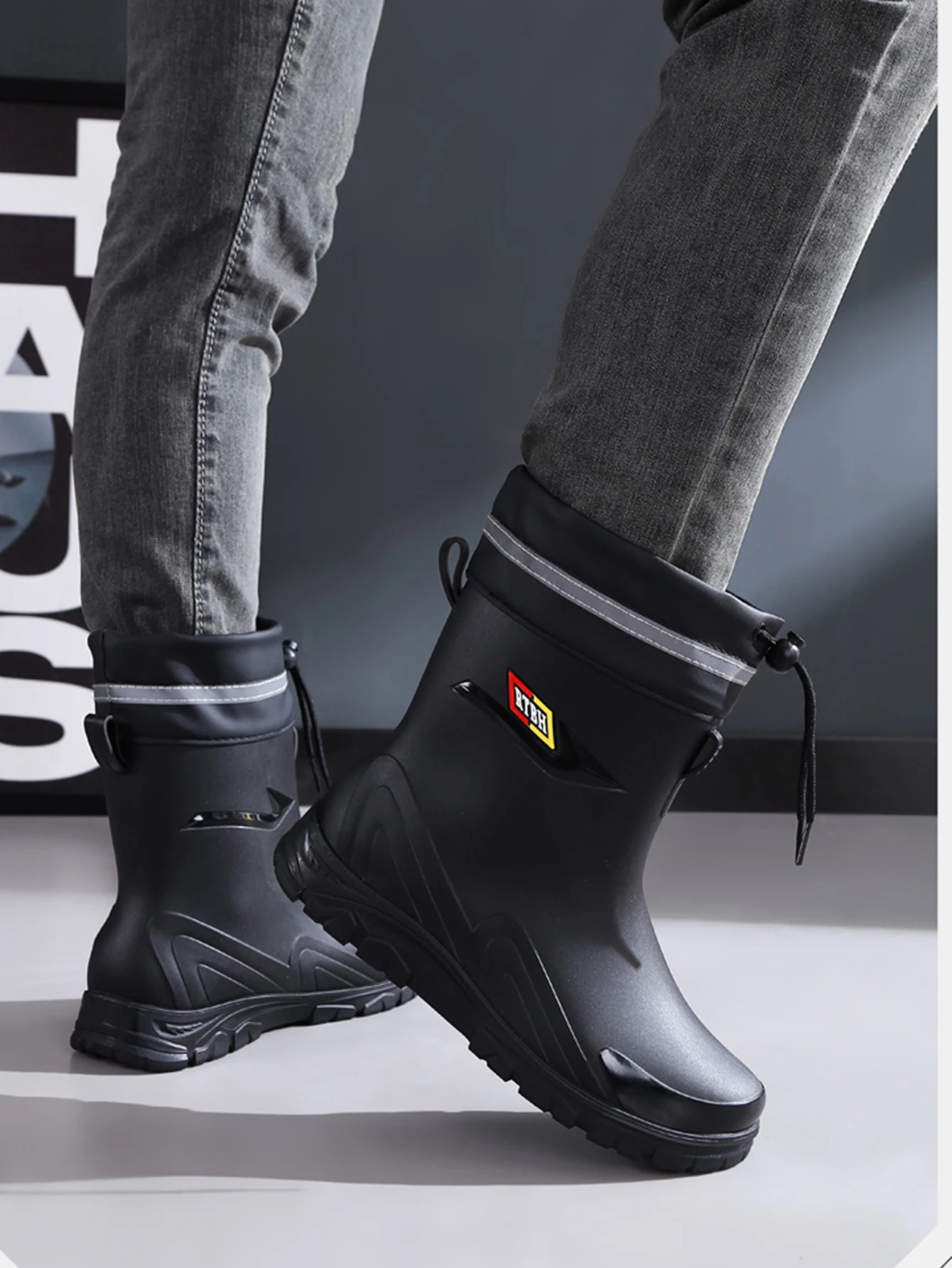 Outdoor-Arbeitsstiefel im Britischen Stil Rutschfeste Wasserdichte Stiefel mit Kordelzug Vielseitige Herren-Regenstiefel für Alle Jahreszeiten – Detail 2