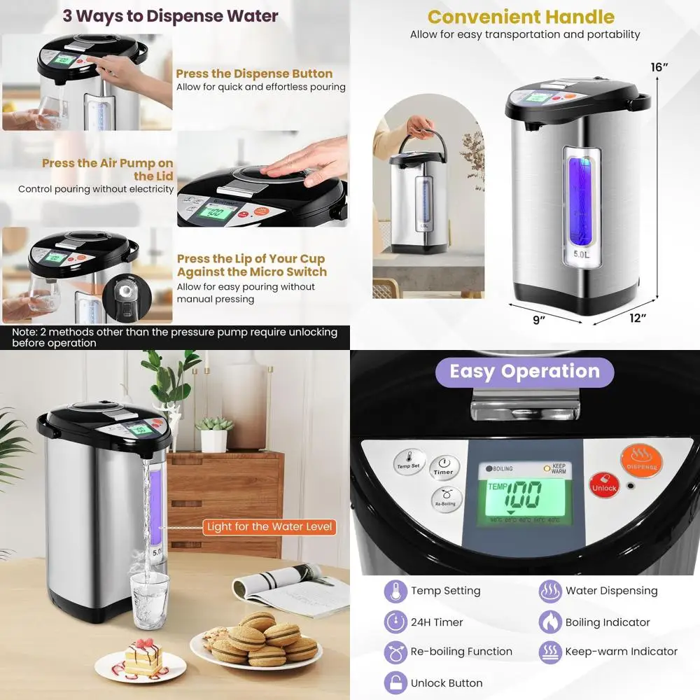 

5-Liter Stainless Steel Electric Hot Water Boiler with 5 Temperature Settings and Safety Lock
