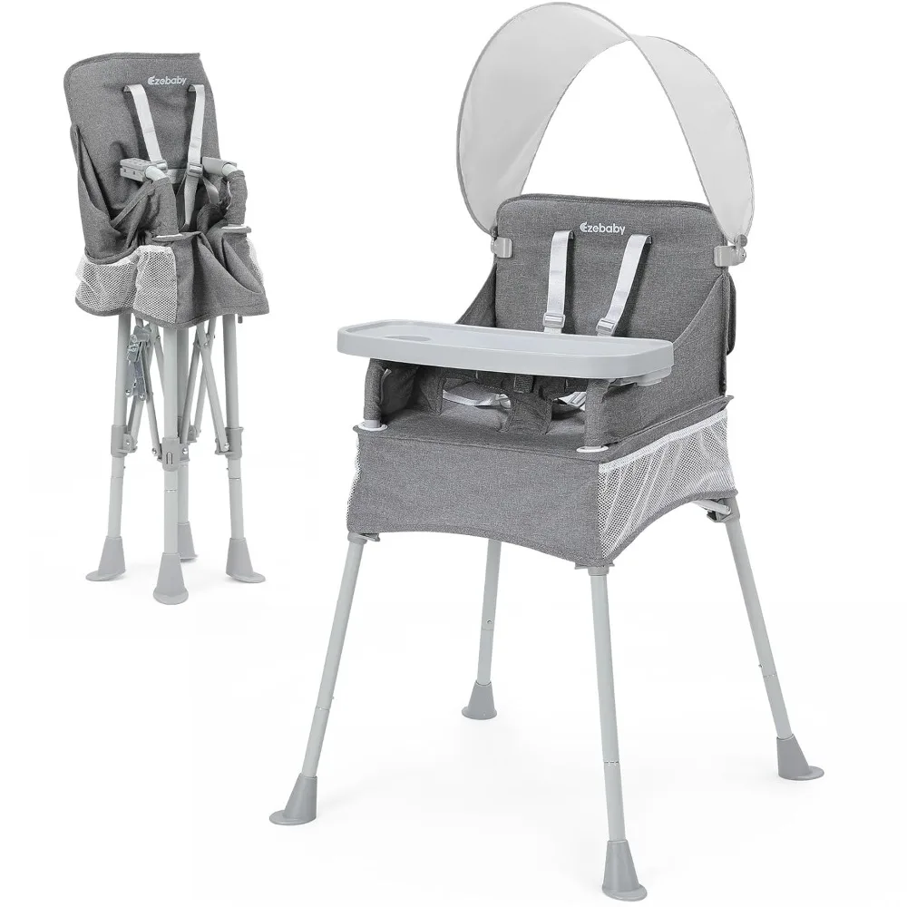 Baby Portable High Chair with Sun Canopy, Foldable High Chairs for Babies and Toddlers with Detachable Tray,5-Point Harness