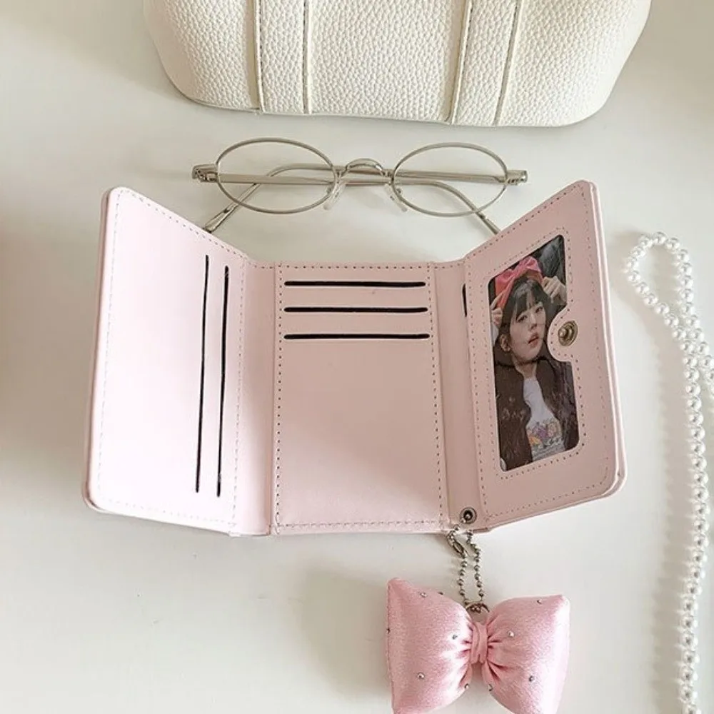 Cute Foldable Pendant Bow Wallet Multi-functional Solid Color Short Wallet Korean Style PU Leather Coin Purse Women