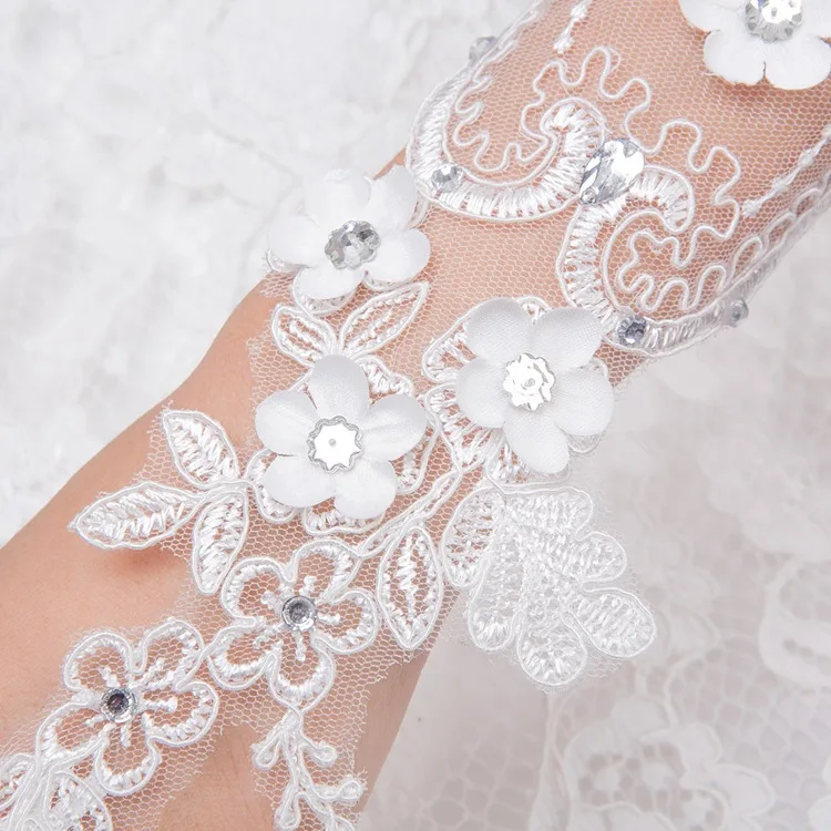 Fingerless Wedding Gloves Elbow Length Lace Applique Floral Bride Gloves Rhinestone Flower Bridal Accessory Formal Party Sleeves