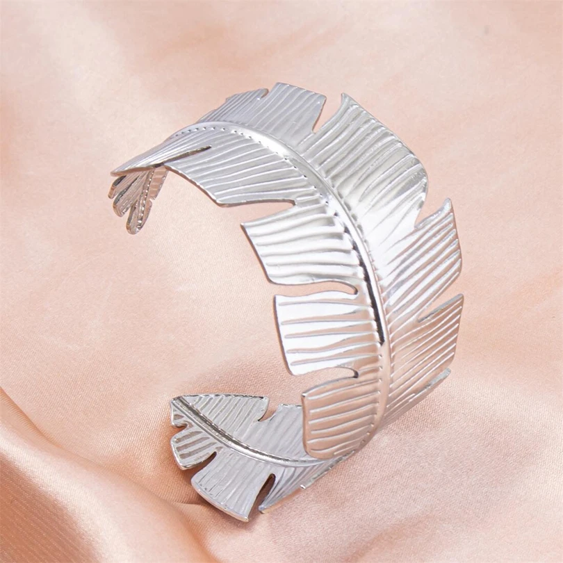 Personality Open Adjustable Leaf Multi Layered Bracelet Silver Color Stainless Steel Bangles For Women Jewelry Pulseras Mujer