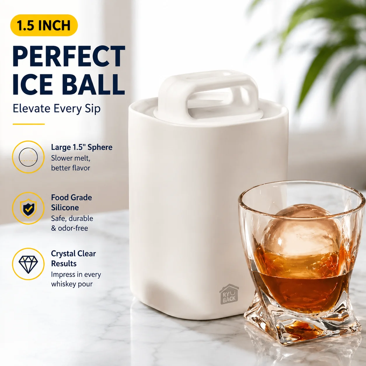 Large Single Ice Ball Mold 1.5 Inch, Food Grade Silicone Whiskey Ice Tray, Transparent Sphere Ice Cube Maker for Home Bar