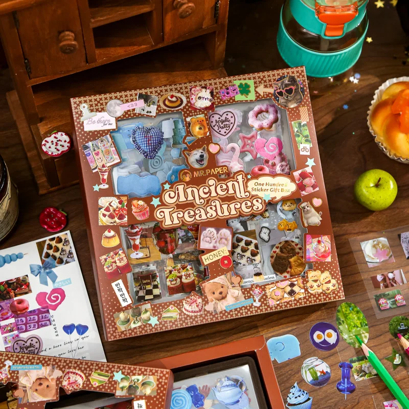 

100Pcs/Box Ancient Treasures Die-Cut Sticker Gift Box with Adhesive Backing Vintage Retro Sticker & Memo Journal Set