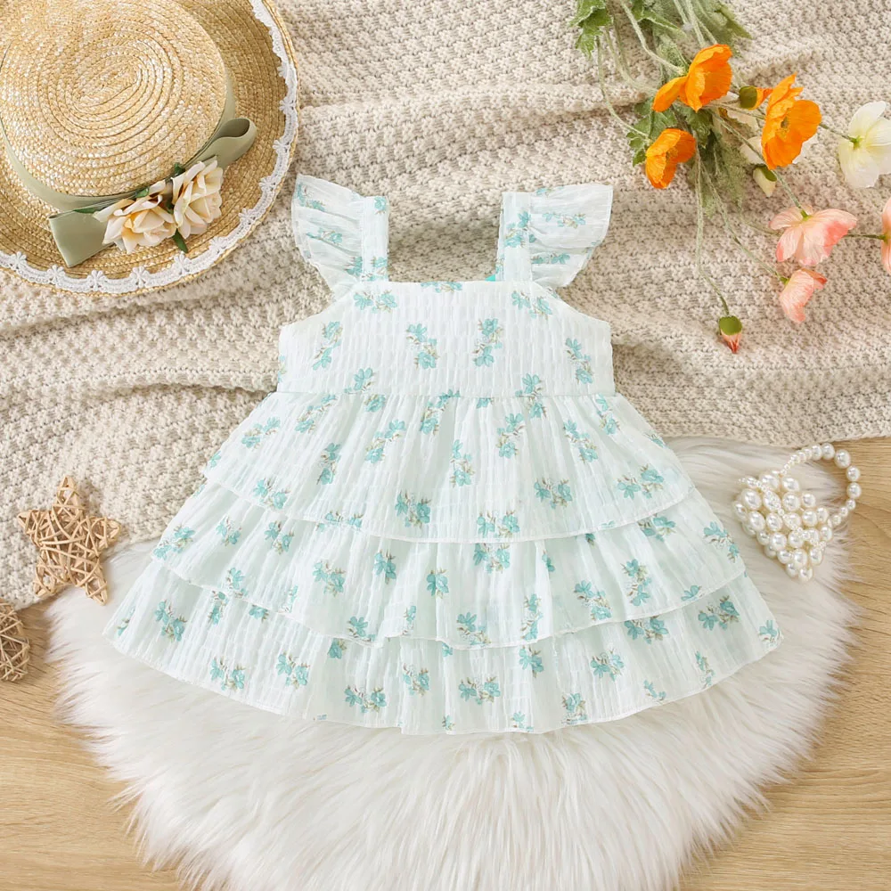 Summer Baby Girl Dress, Floral Bow, Thousand Layer Princess Dress, Cute Little Flying Sleeve Girl Princess Dress