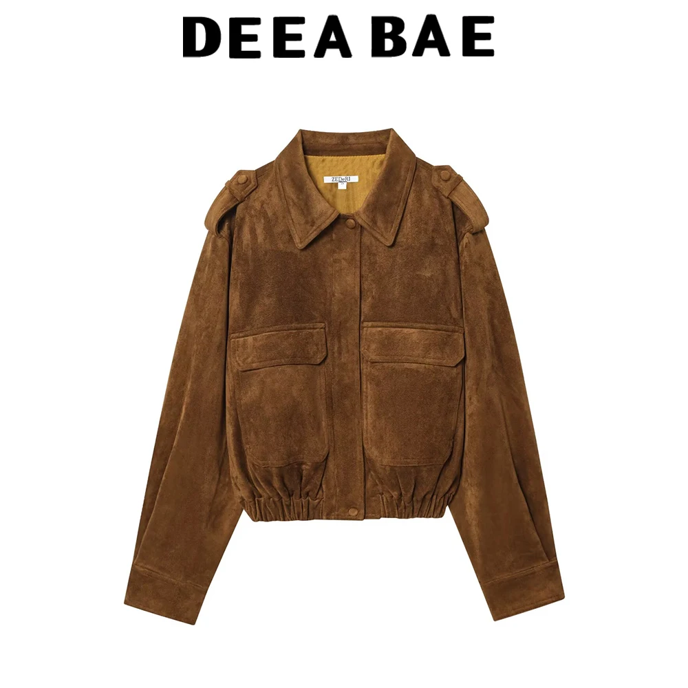 

DEEABAE 2025 autumn new fashion style retro Maillard brown suede workwear style loose short cardigan jacket