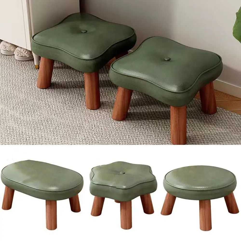 Soft Solid Wood Small Foot Stool Non-Skid Waterproof Shoe Changing Chair Comfortable PU Leather Multifunctional Small Footrest