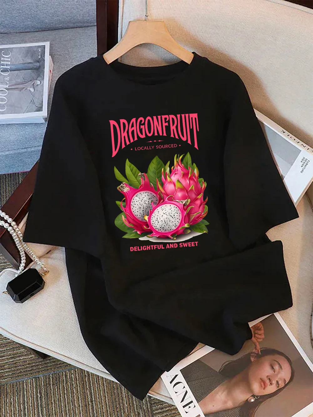 100% Cotton Summer T-Shirts Womens Dragon Fruit Locally Sourced Prints Tops Soft Loose O-Neck Short Sleeve Holiday Woman Clothes