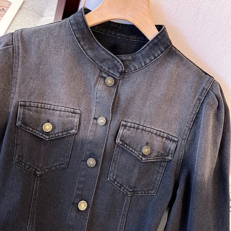 Camicia di jeans da donna con volant nero High Street Cappotto a maniche lunghe monopetto skinny retrò Top 2025 Primavera Autunno Nuovo
