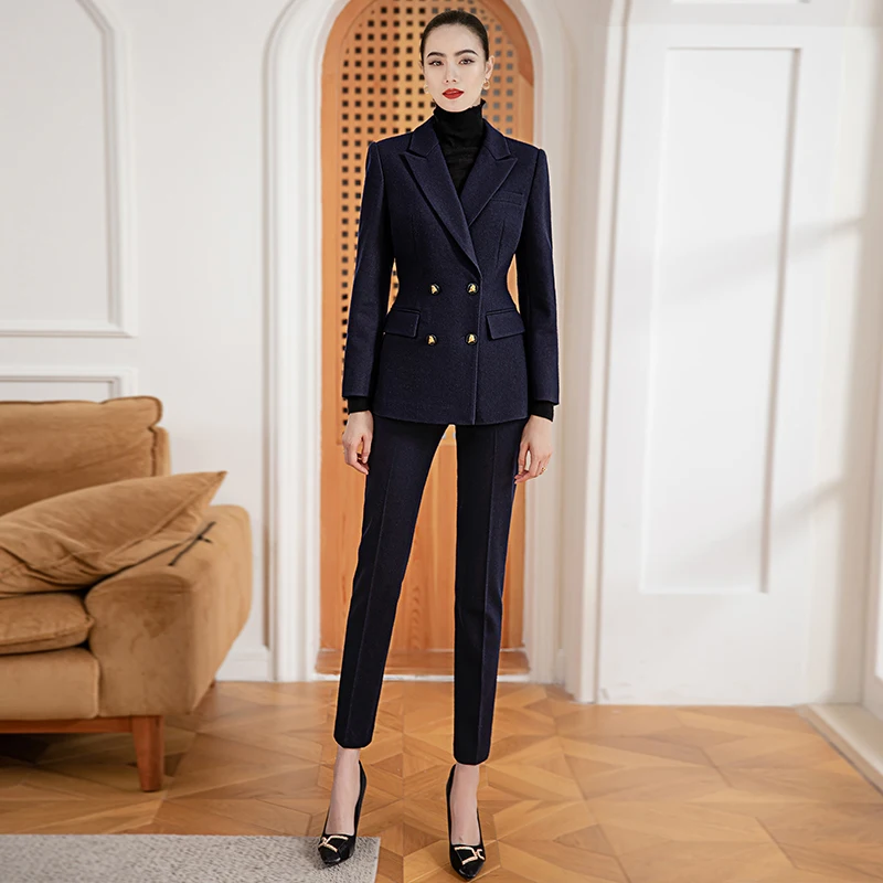 

Элегантный шерстяной костюм-двойка для женщин: брюки и пиджак, осенний деловой комплект, синий, для офиса и работы