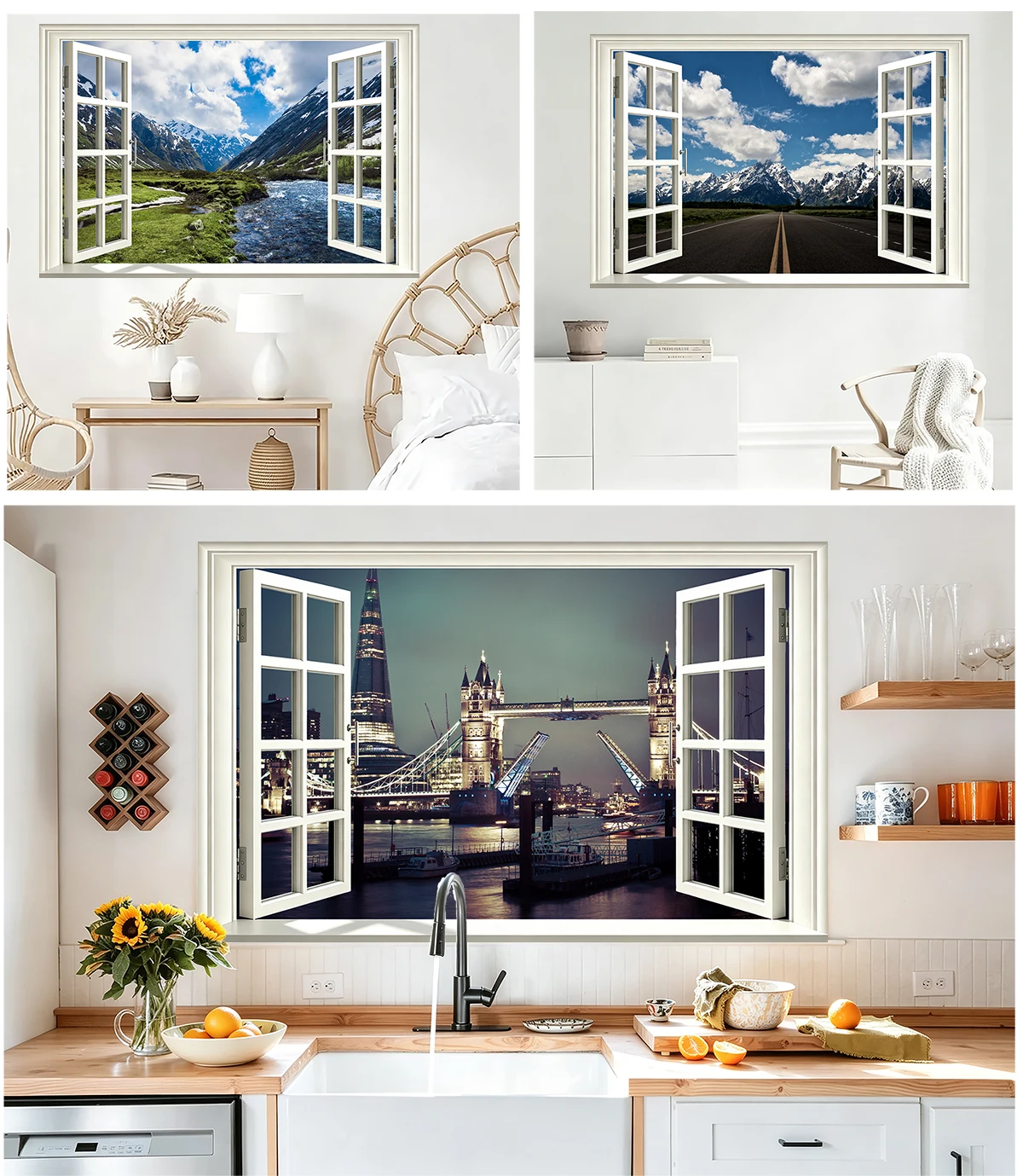 3D Illusion Fake Window Wall Decal City Night View Removable Sticker for Renters Bedroom Kitchen Living Room Home Wall Decor