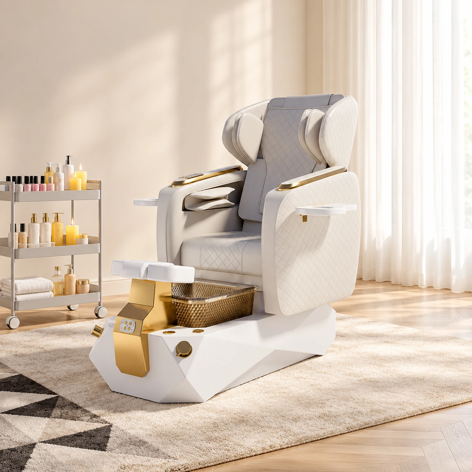 Pedicure Spa Chair Electric Massage Reclining Foot Bath Basin Nail Salon Chair Cup Holder Gold White