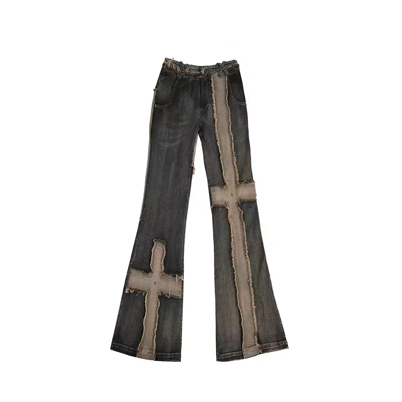 Y2K مضيئة الجينز النساء خمر الجرونج الصليب المرقعة واسعة الساق الدنيم السراويل Harajuku الشارع الشهير القوطية منخفضة الخصر غسلها بنطلون