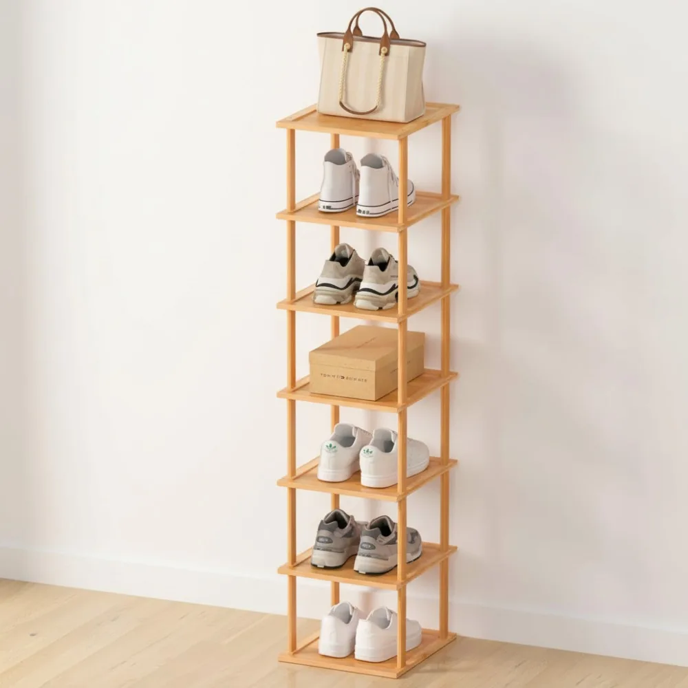 

7-Tier Bamboo Shoe Rack Organizer Stackable Space-Saving Corner Storage for Small Spaces