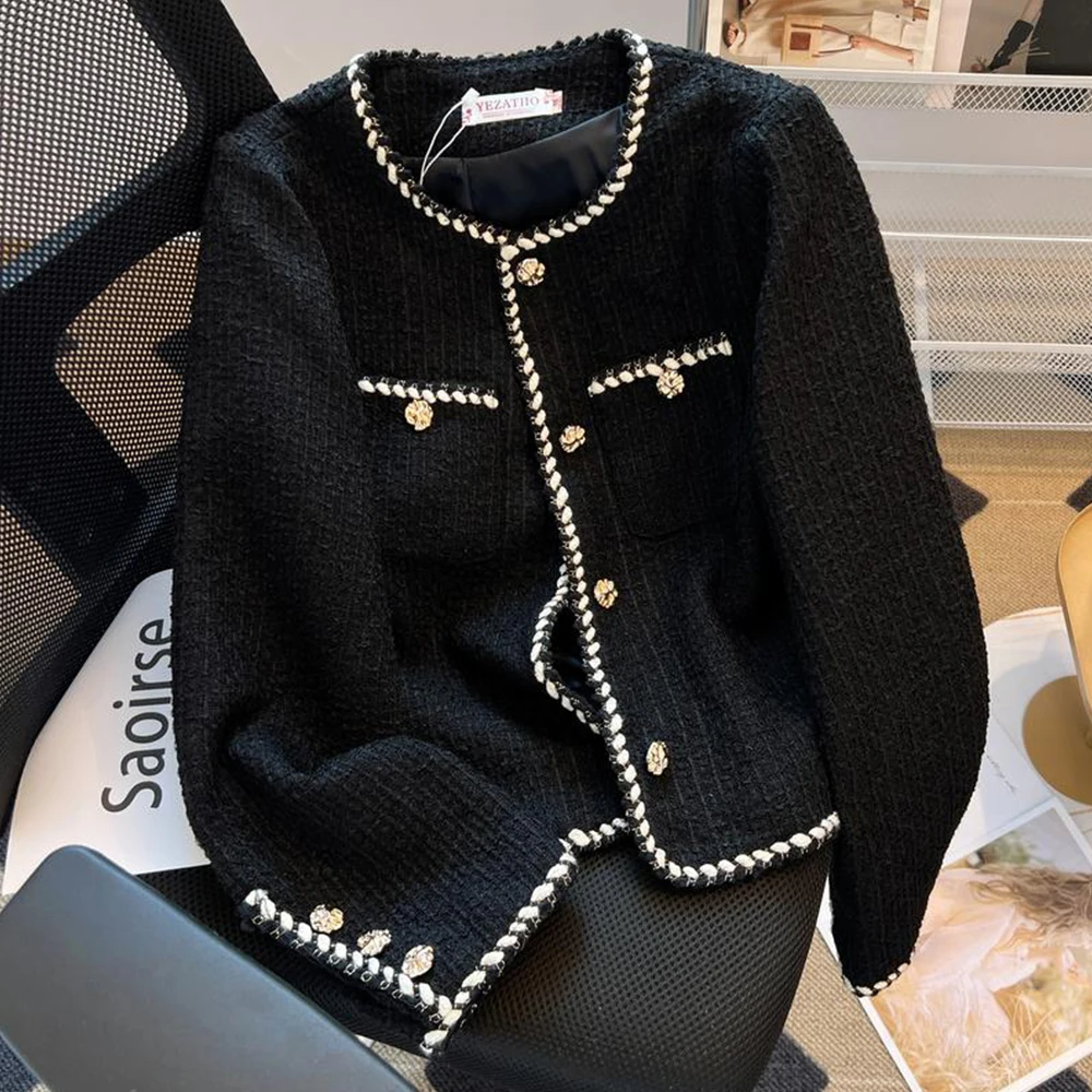 Women's Autumn Classic Small Fragrance Black Tweed Suit Jacket Ladies OL Blazer Woollen Cropped Coats Elegant Short Outerwear